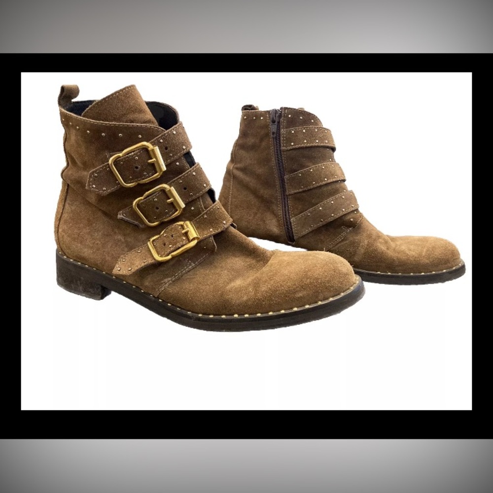 Minelli Brown Italian Leather Studded Buckle Ankle Booties Boots Size 39